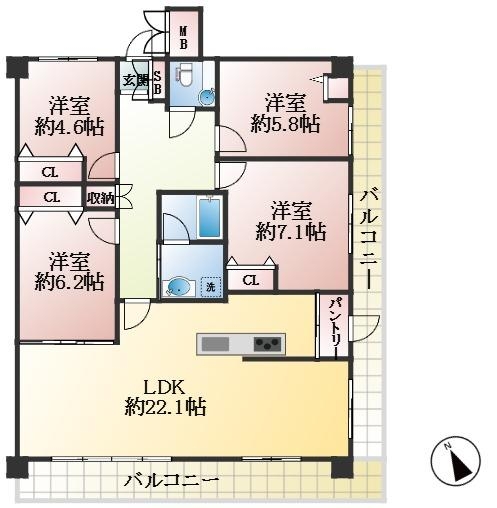 西宮市上ケ原四番町 中古マンション間取画像